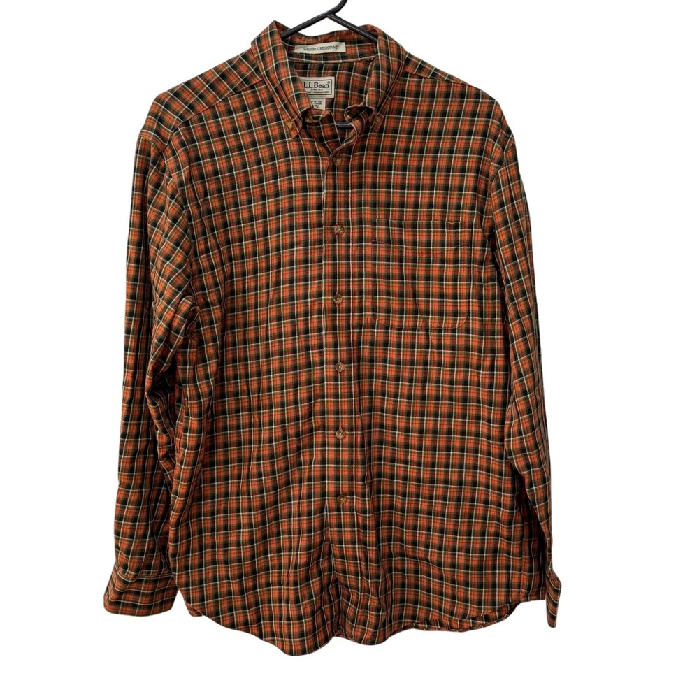 L.L Bean Men Shirt Wrinkle Resistant Plaid Button Down Orange Green Rustic Small
